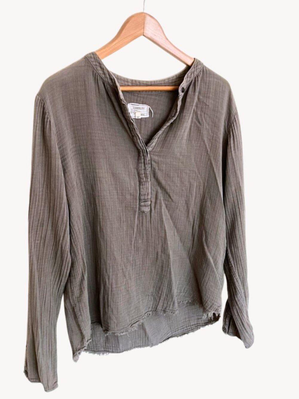 📿 Current/Elliott Gray Long Sleeve Cotton Gauzed Henley, Size: 3 / L